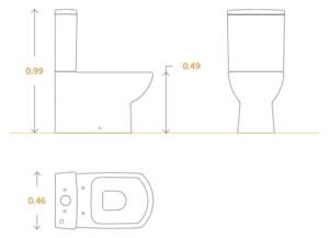 Bloque CAD de inodoro wc 3 vistas acotado pegado pared (vistas completas, DWG)