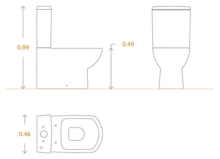 Bloque CAD de inodoro wc 3 vistas acotado pegado pared (vistas completas, DWG)